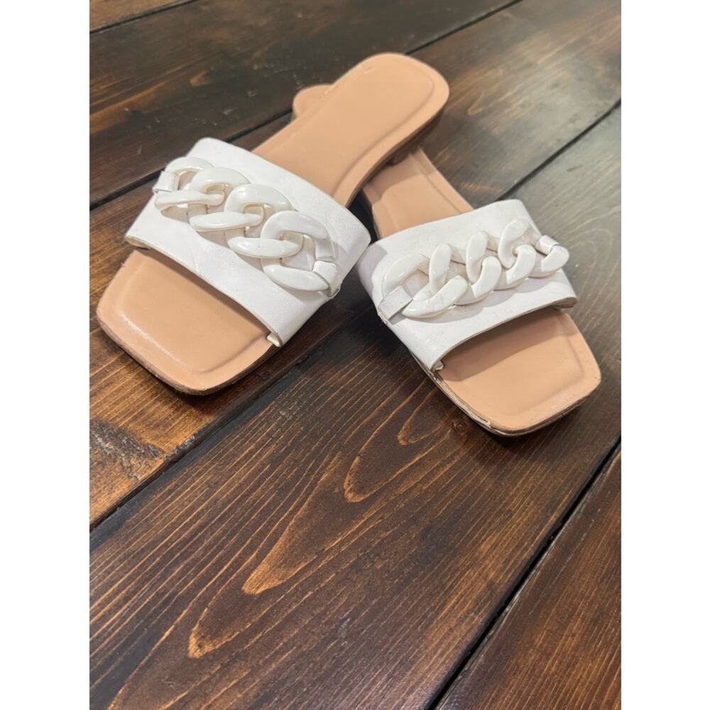 White Chain-Accent Slide Sandals 9